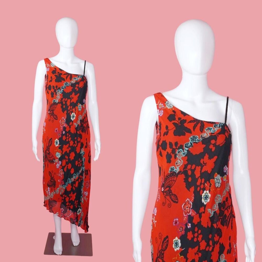 Y2K EVA BLUE Asymmetrical One Shoulder BUTTERFLY Floral Print Dress. S-M. AS IS